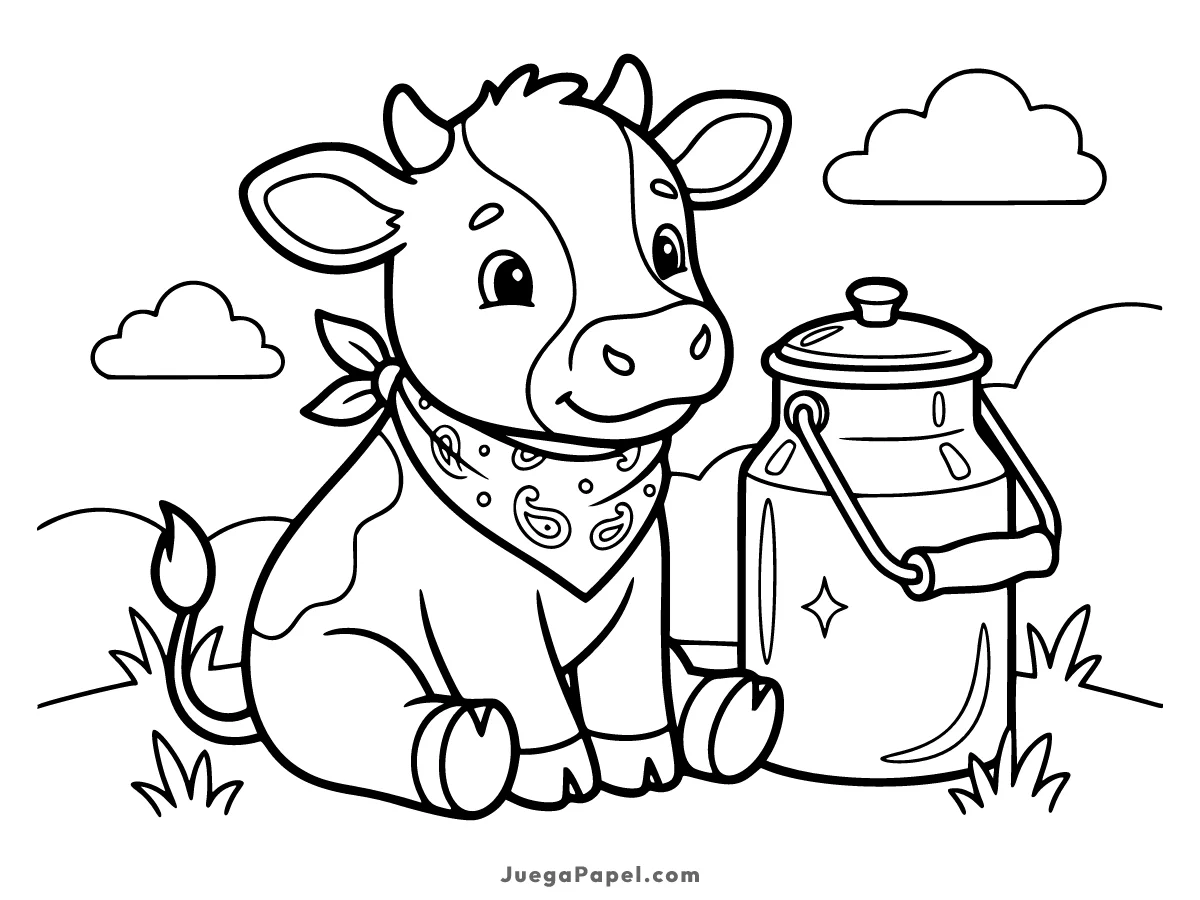 Dibujo para colorear e imprimir de Vaca Tierna con Jarra de Leche en la Granja