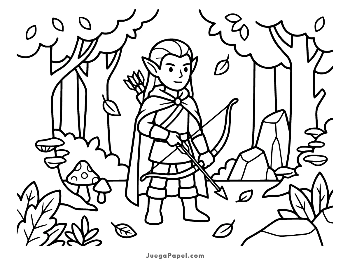 Dibujo para colorear e imprimir de Valiente Elfo Arquero en el Bosque