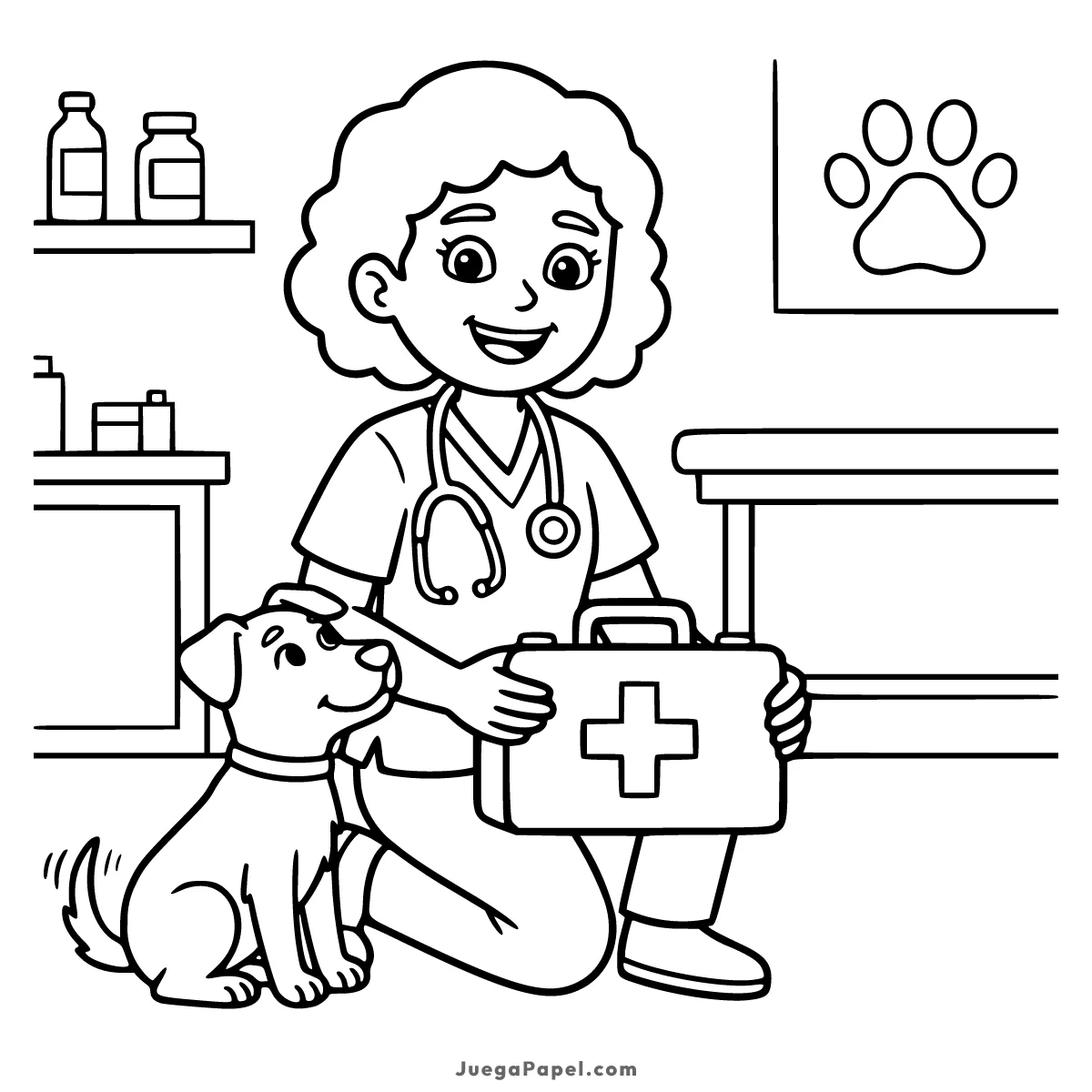 Dibujo para colorear e imprimir de Veterinaria Amigable Atendiendo a un Perrito