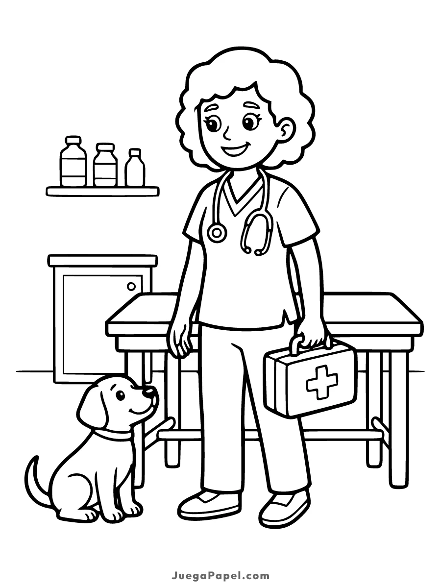 Dibujo para colorear e imprimir de Veterinaria con su Perrito