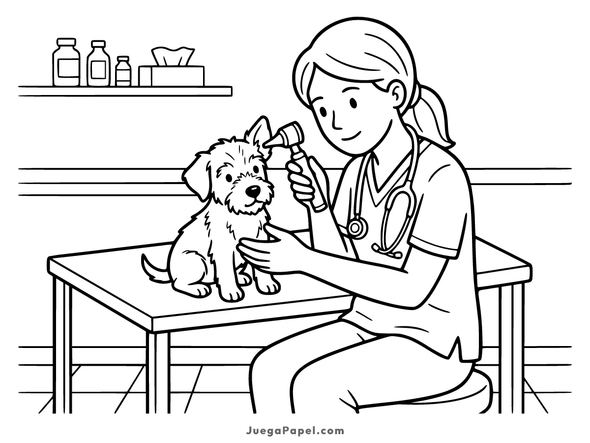 Dibujo para colorear e imprimir de Veterinaria Revisando Perro