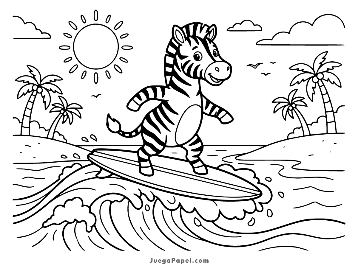 Dibujo para colorear e imprimir de Zebra Feliz Surfeando en la Playa Tropical