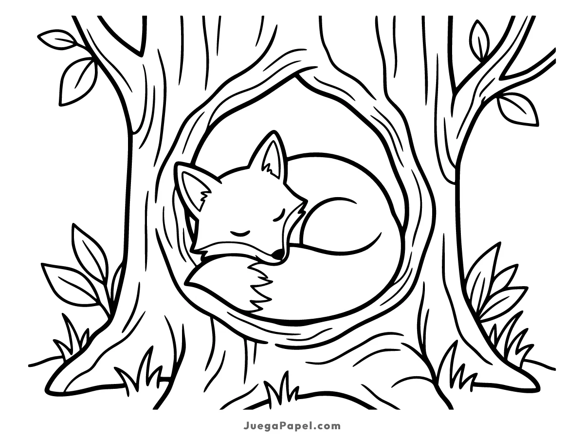 Dibujo para colorear e imprimir de Zorro Dormido en un Agujero de un Árbol