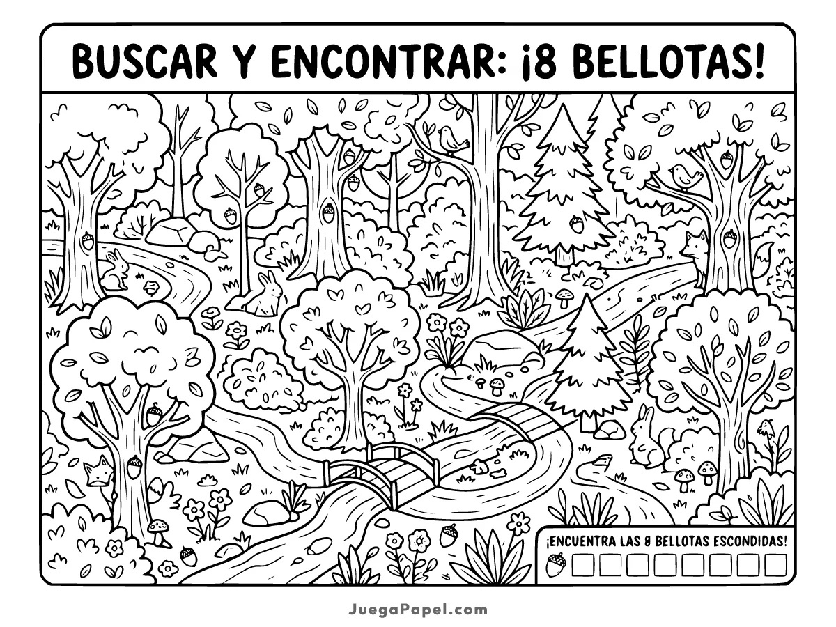 Juego y pasatiempo infantil para imprimir de Busca Bellotas en el Bosque