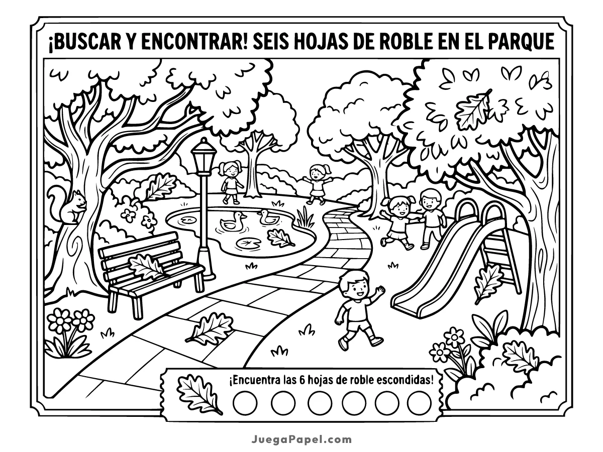 Juego y pasatiempo infantil para imprimir de Busca Hojas de Roble en el Parque