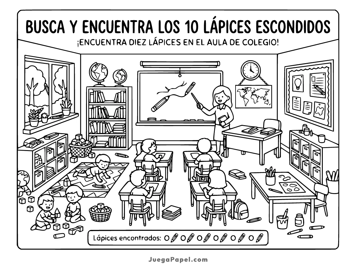Juego y pasatiempo infantil para imprimir de Busca Lápices en el Aula del Colegio
