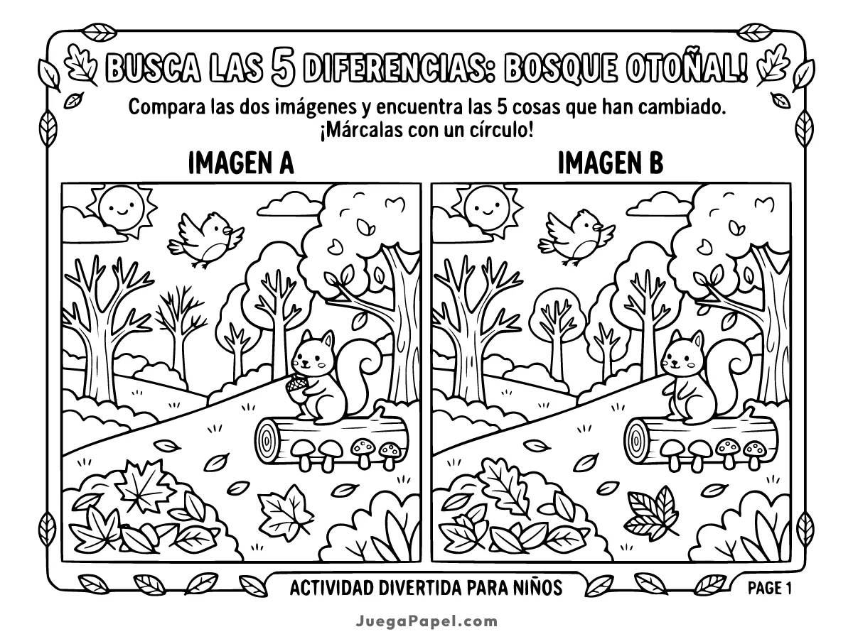 Juego y pasatiempo infantil para imprimir de Busca Las Diferencias: Bosque Otoñal