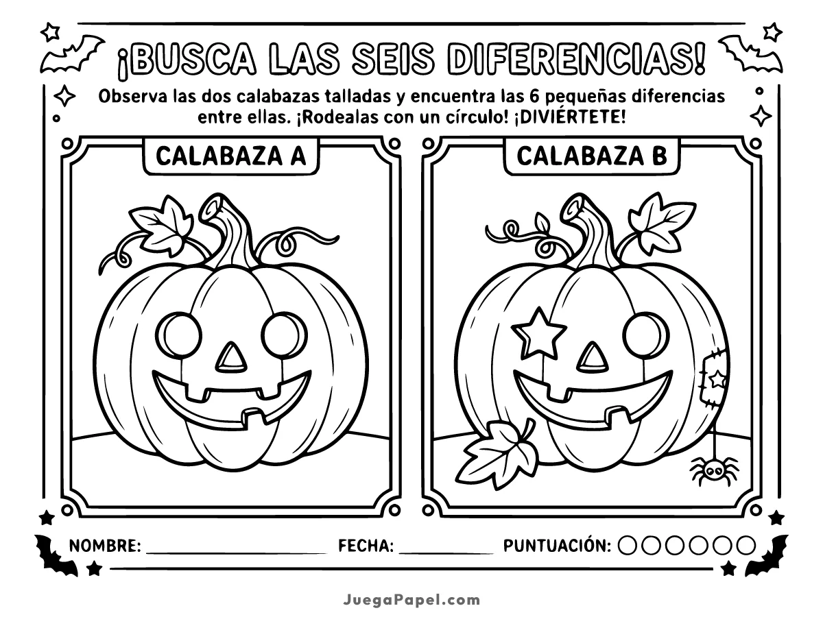 Juego y pasatiempo infantil para imprimir de Busca Las Diferencias: Calabazas