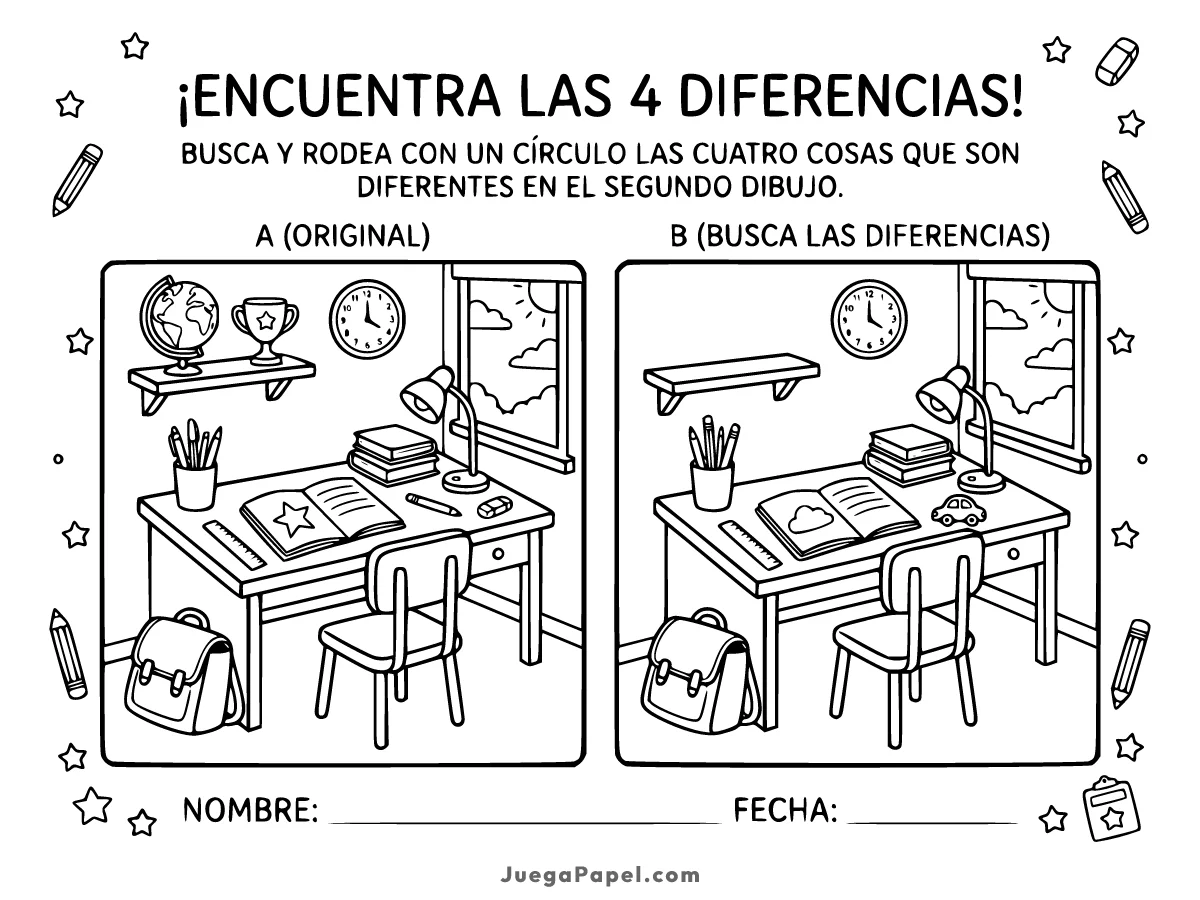Juego y pasatiempo infantil para imprimir de Busca Las Diferencias: Escritorio
