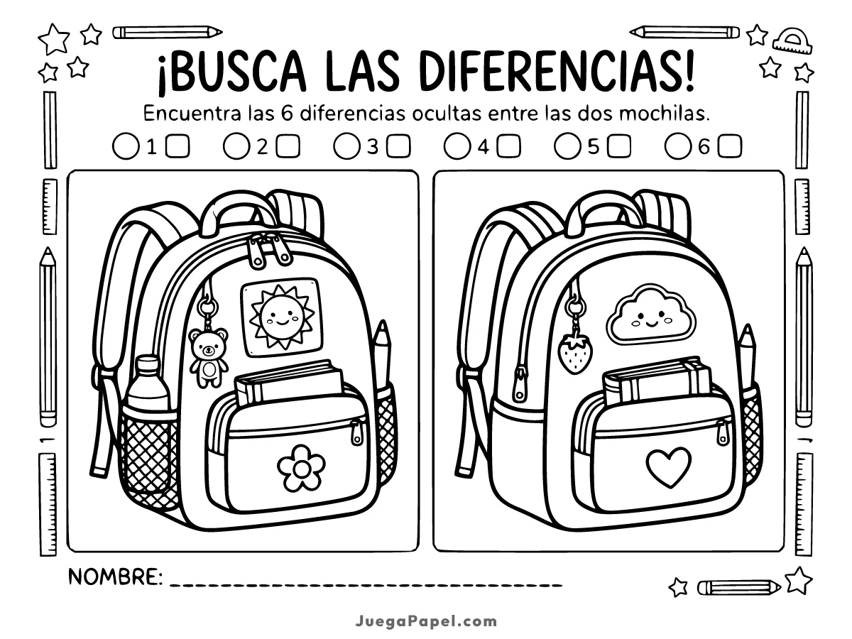 Juego y pasatiempo infantil para imprimir de Busca Las Diferencias: Mochilas Escolares