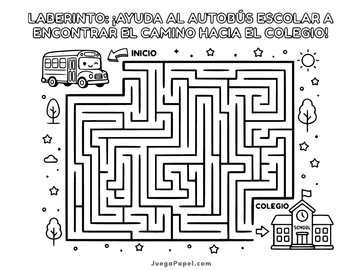 Juego y pasatiempo infantil para imprimir de Laberinto Autobús Escolar