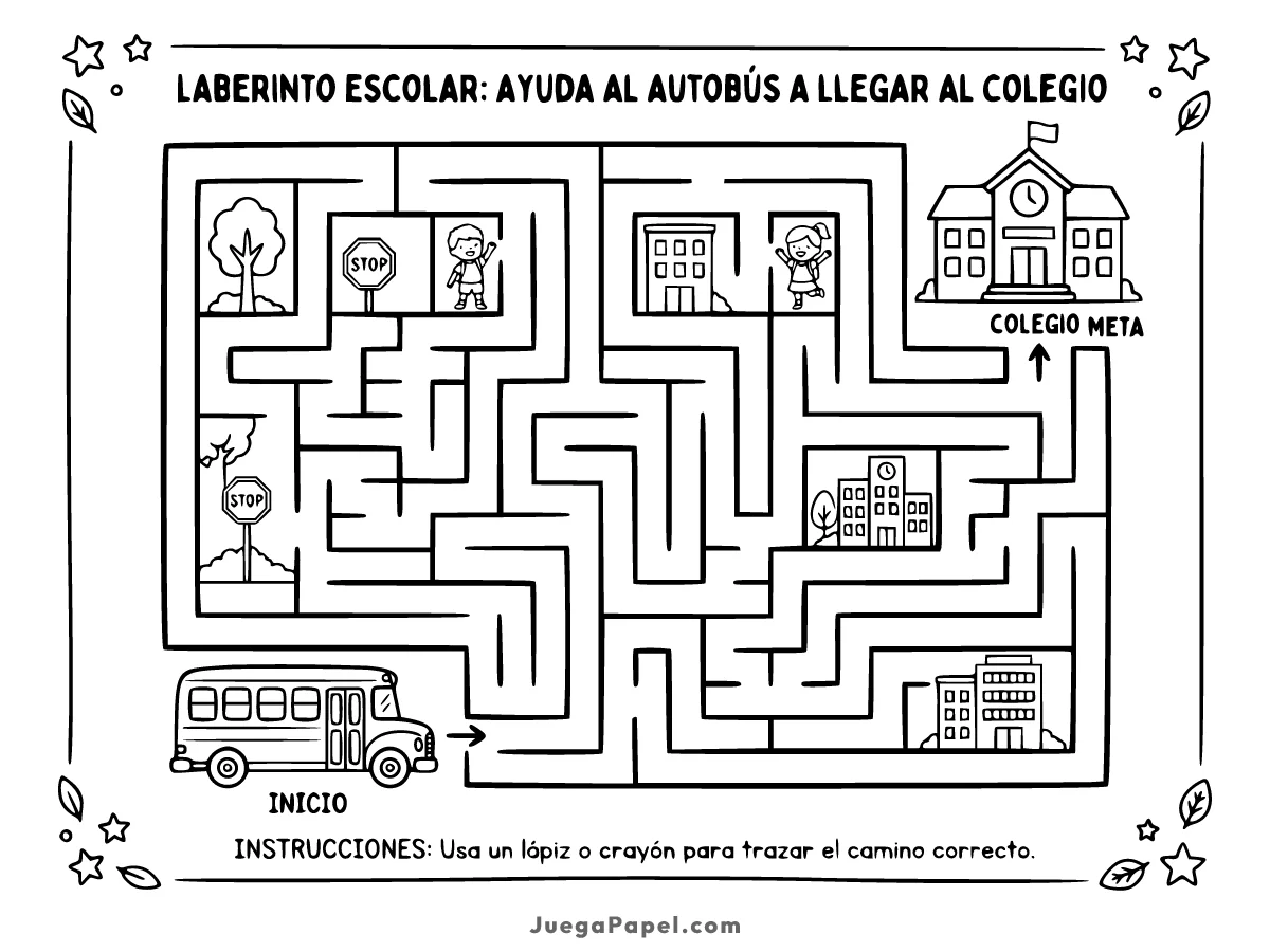 Juego y pasatiempo infantil para imprimir de Laberinto Autobús Escolar
